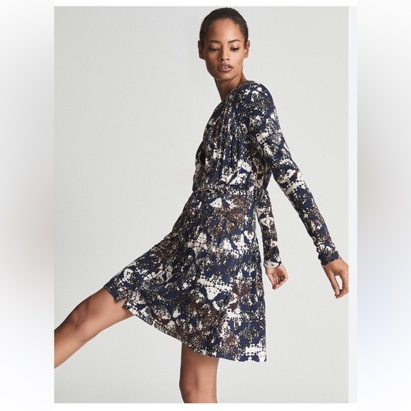 New Reiss Antonia Snake Print Jersey Dress Navy Blue White Size 8 - Picture 1 of 16
